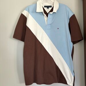 Tommy Hilfiger Blue and Brown Color-Block Polo Shirt